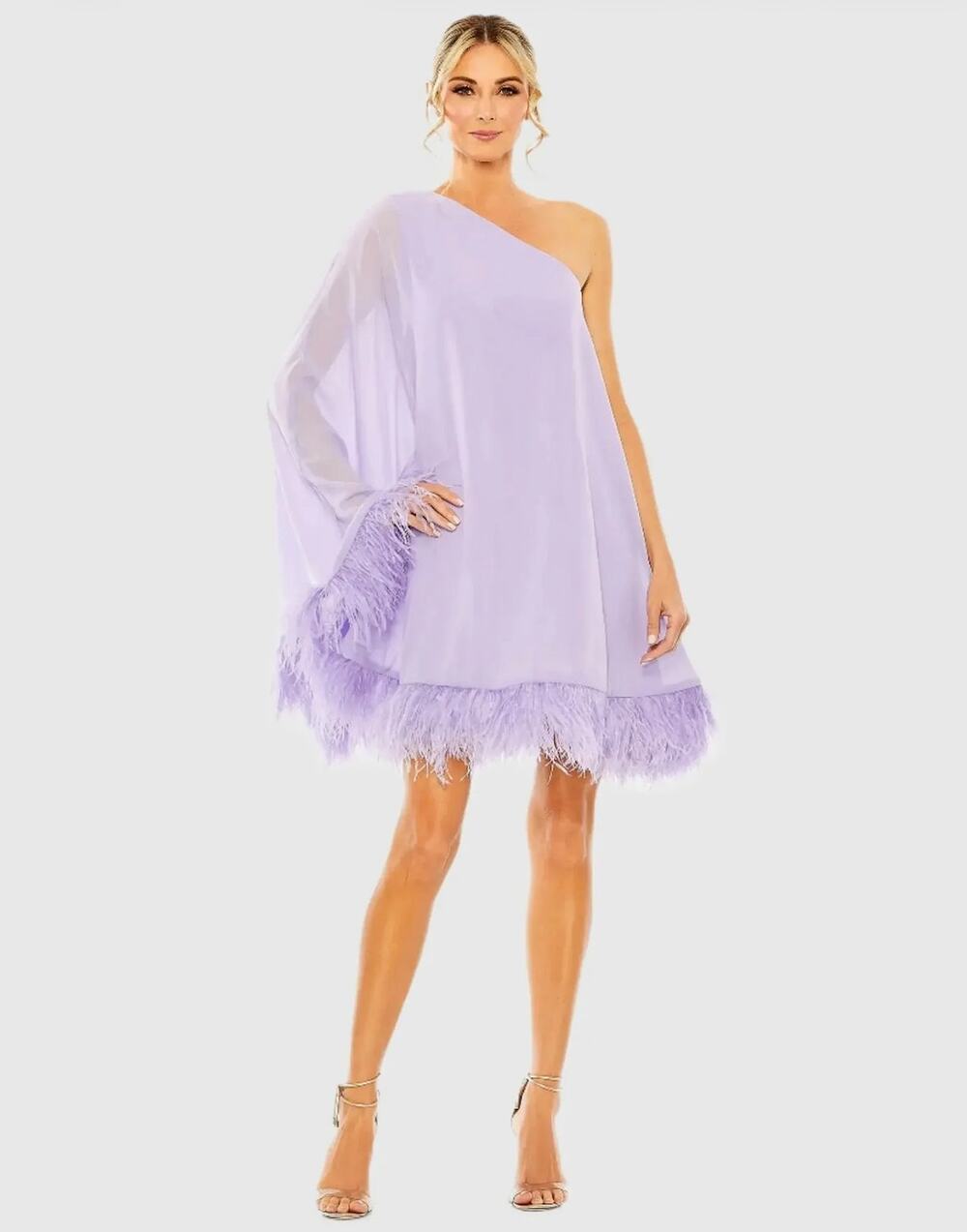NWT Mac Duggal 11623 One Shoulder Trapeze Mini Dress Feather Trim Lilac Size 6